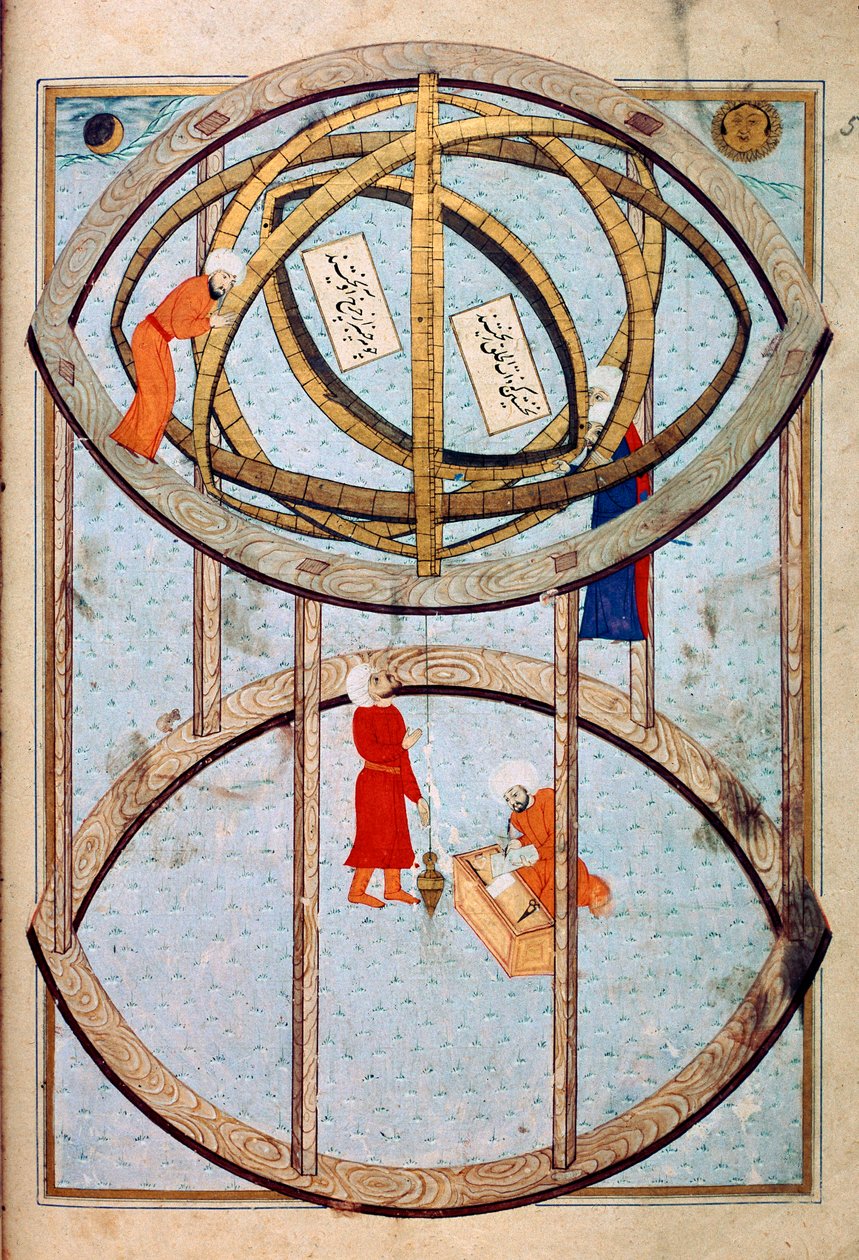 Astrónomos manipulando una enorme esfera armilar y herramientas para medir longitud y latitud. Miniatura del manuscrito ms. FY 1404 "Sehinsahname" (o Shahinshah-nama o Shahinshah-nameh, Shahinshah nama o Shahinshah nameh) "La historia del rey de de Ottoman School