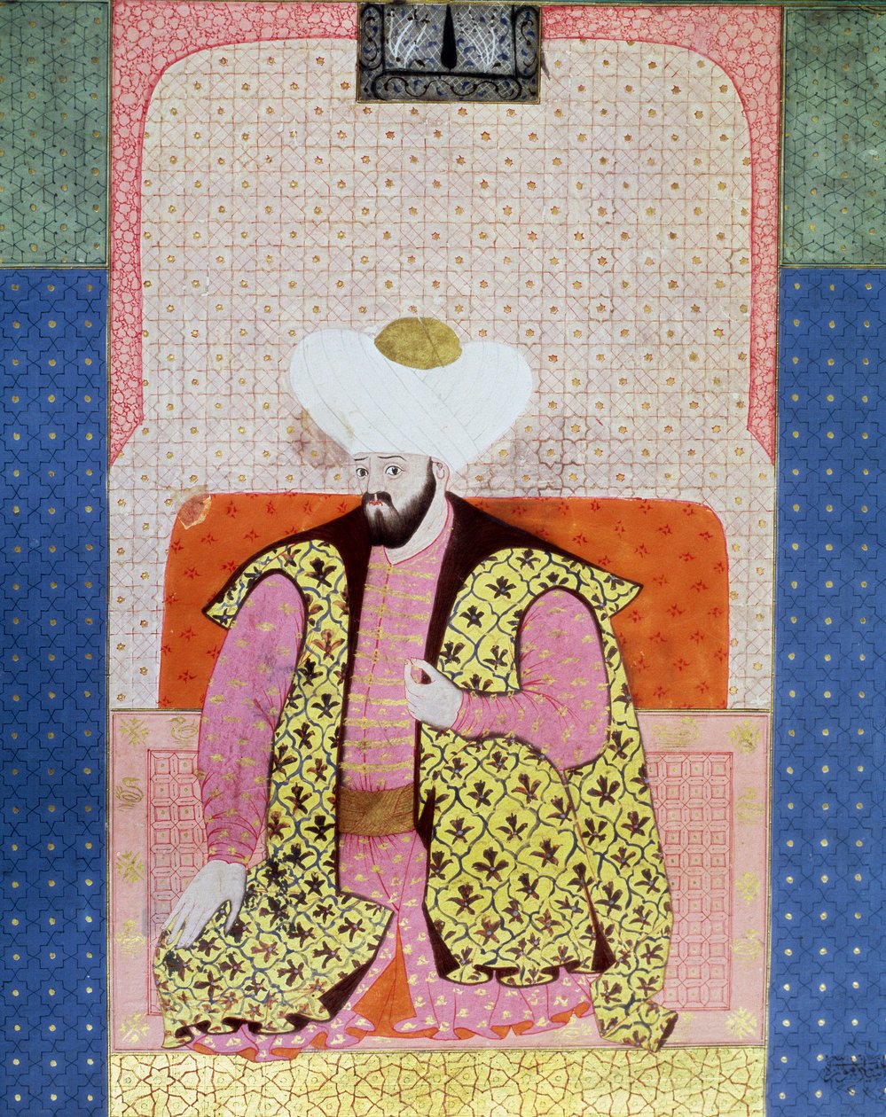Imperio Otomano: “Retrato del Sultán Otomano Murad II (Murat) (1404-1451)”. Miniatura del manuscrito (Ms. 1973, folio 62a) “Zubdatat-al-Tawarikh” (Zubdat al-Tawarikh) (Crema de Historias) por el historiador Seyyyid Loqman Ashuri 1538. Museo de Arte Turco e de Ottoman School