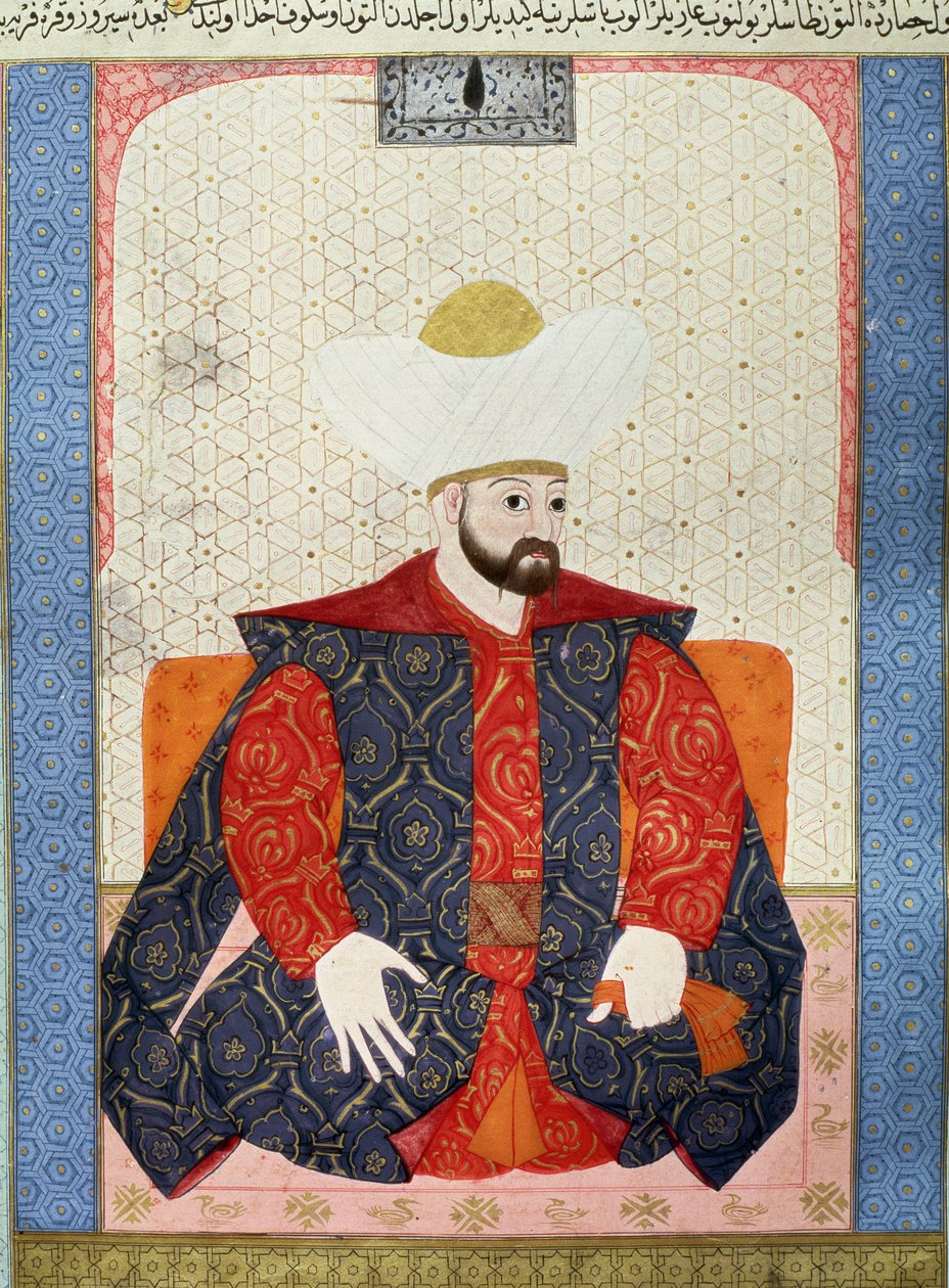 Imperio Otomano: “Retrato del Sultán Otomano Murad I (1326-1389)”. Miniatura del manuscrito (Ms. 1973, folio 62a) “Zubdatat-al-Tawarikh” (Zubdat al-Tawarikh) (Crema de Historias) por el historiador Seyyid Loqman Ashuri 1538. Museo de Arte Turco e Islámico de Ottoman School