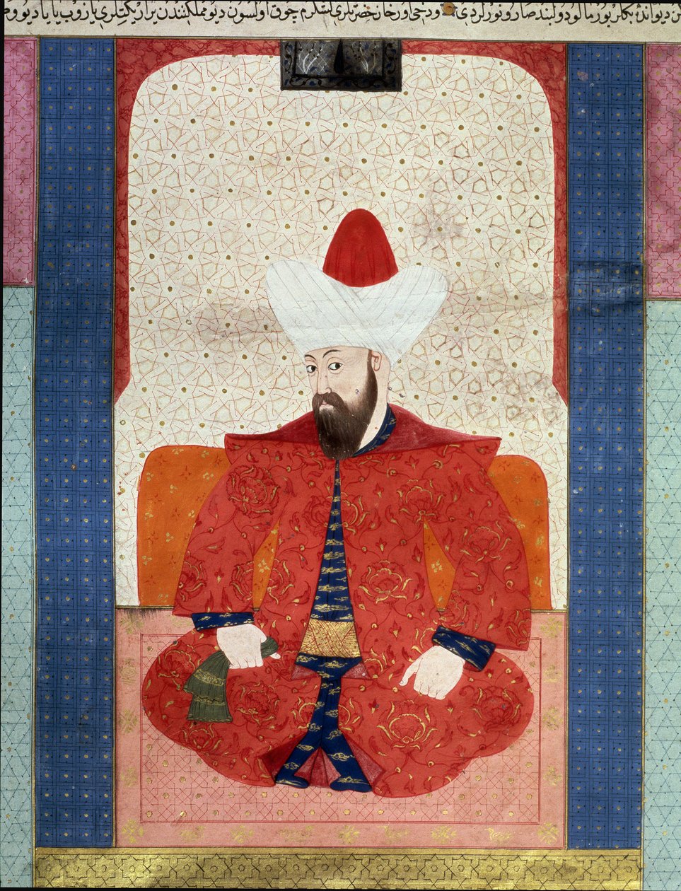 Imperio Otomano: Retrato del Sultán del Imperio Otomano Orhan I (1281-1360). Miniatura del “Zubdat al Tawarikh” (Ms. 1973, fol. 59b) por Seyyyd Lokman Ashuri 1583. Estambul, Museo de Arte Turco e Islámico de Ottoman School