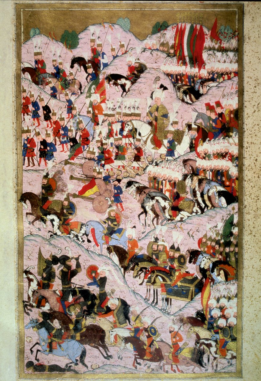 Imperio Otomano: Sultan Solimán I, llamado el Magnífico, en la Batalla de Mohács el 29/08/1526 contra el ejército del Reino de Hungría, comandado por el Rey Luis II de Ottoman School
