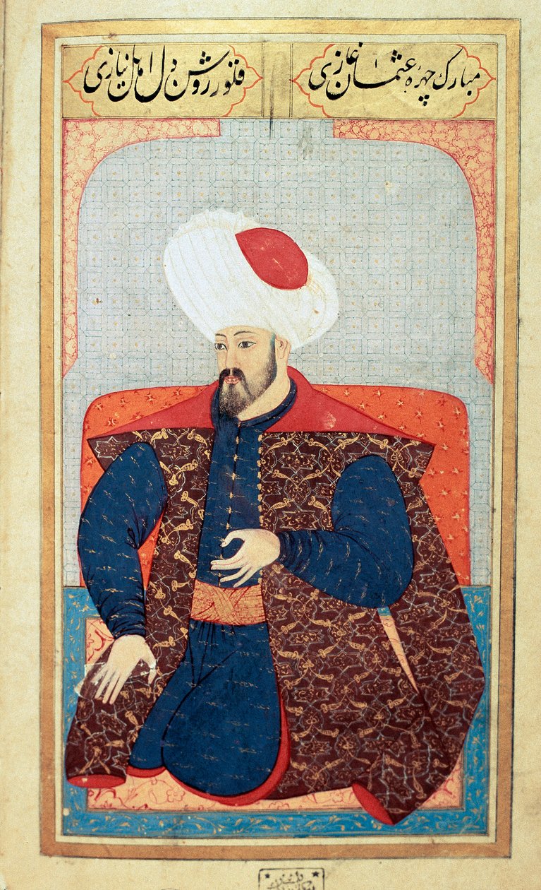 Imperio Otomano: retrato del primer sultán Osman I (1258-1326). Miniatura del manuscrito "Fisonomía humana (Sobre las disposiciones personales de los otomanos)" por Seyyid Lokman Hussein. (Ms. ty6087 folio 21b) de Ottoman School