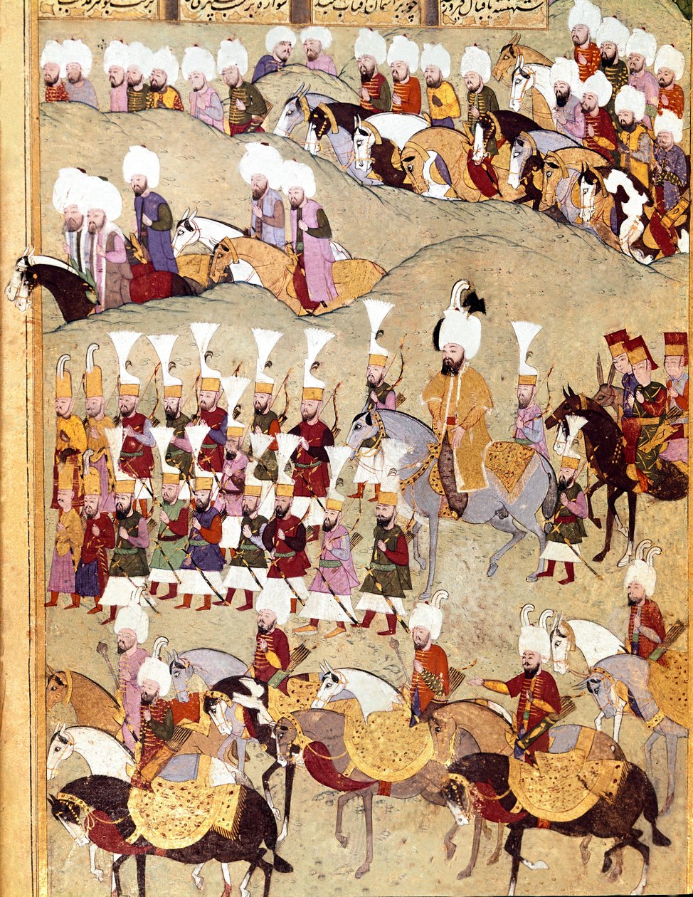 Imperio Otomano: representación del sultán otomano Murad II (Murat) (1404-1451) y su ejército durante la invasión de Persia. Miniatura del manuscrito ms. FY 1404 “Sehinsahname” de Ottoman School