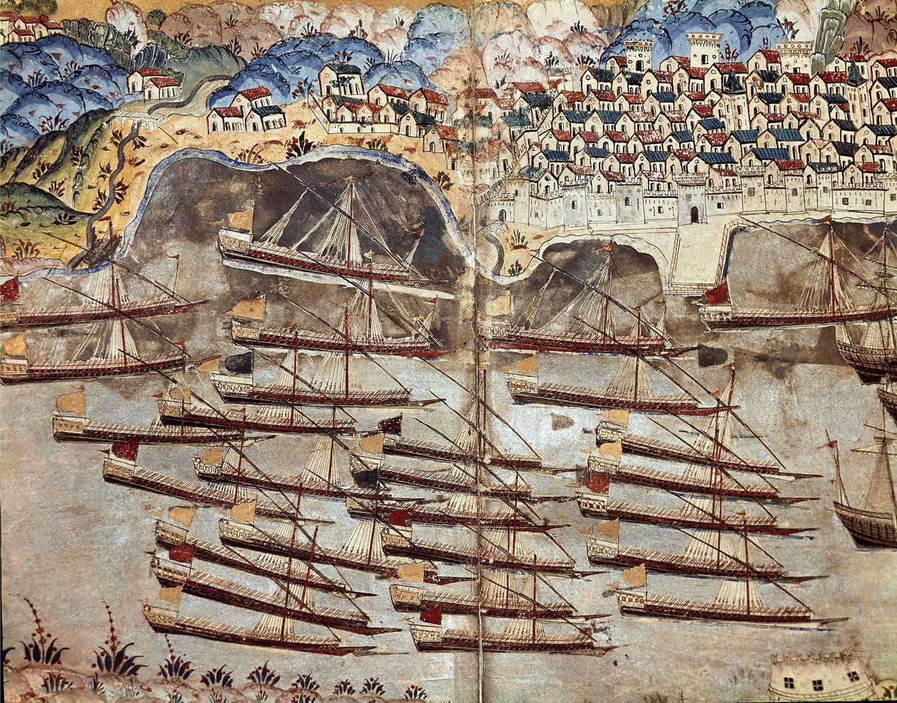 Imperio Otomano: representación de la flota de Barbarroja frente a la ciudad de Niza de Ottoman School