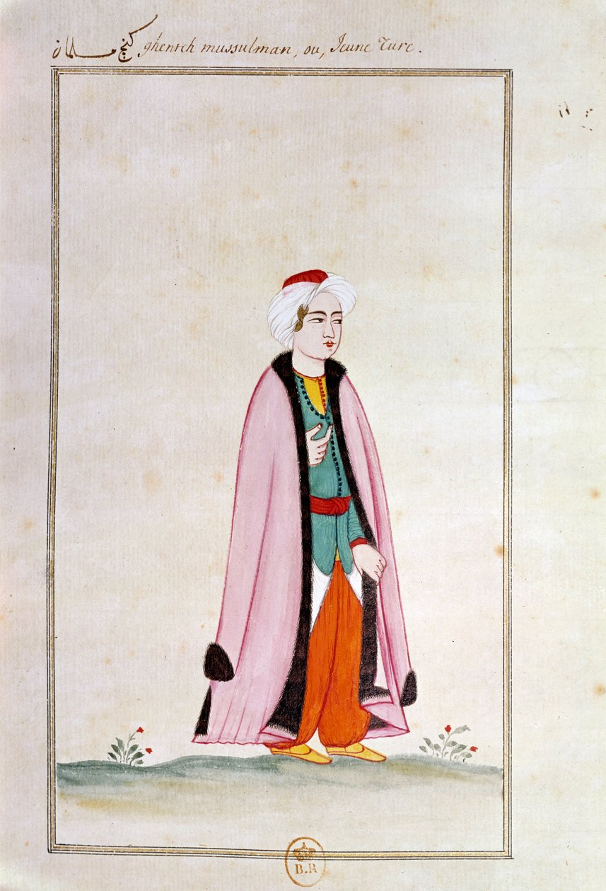 Arte otomano: un joven turco. Impresión de un manuscrito de Ottoman School