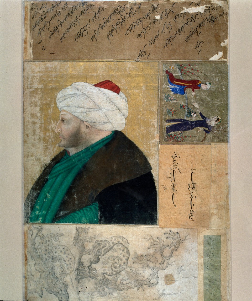 Retrato del Sultán del Imperio Otomano Mehet II (Mehmet II el Conquistador o Mehmed II Fatih) (1430-1481). Miniatura turca del manuscrito Ms. H. 2153, folio 145b. Finales del siglo XV. Estambul, Biblioteca Topkapi Sarayi de Ottoman School