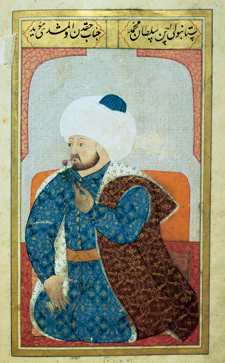 Retrato del Sultán del Imperio Otomano Mehmed II (1430-1481). Miniatura del manuscrito 