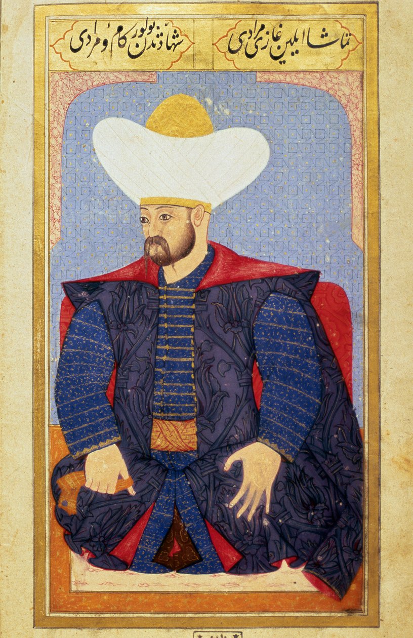 Retrato del sultán del Imperio Otomano Murad I (1326-1389). Miniatura del manuscrito "Fisonomía humana (Sobre las disposiciones personales de los otomanos)" por Seyyid Lokman Hussein. (Ms. ty6087 folio 27b) de Ottoman School