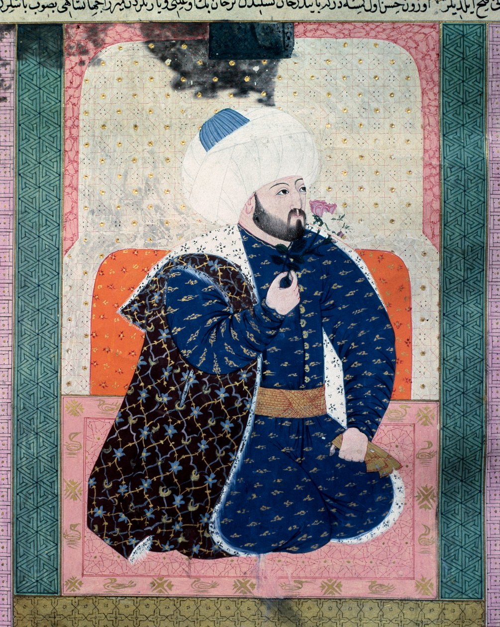 Retrato del sultán del Imperio Otomano Mehet II (Mehmet II el Conquistador o Mehmed II Fatih) (1430-1481) Miniatura del manuscrito (Ms. 1973, folio 62a) “Zubdatat-al Tawarikh” (Zubdat al-Tawarikh) (Crema de Historias) por el historiador Seyyid Loqman As de Ottoman School