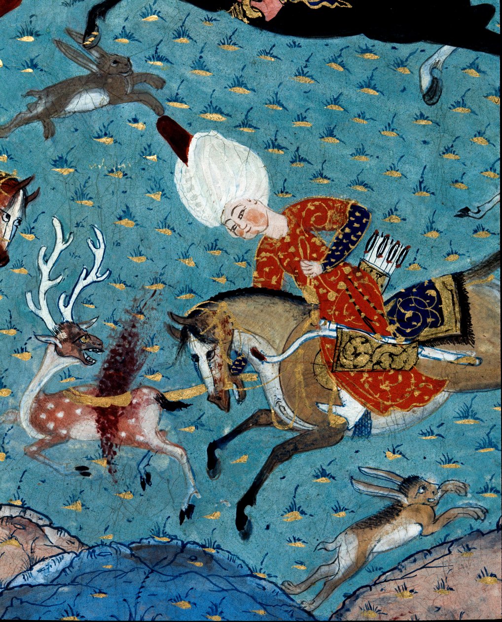 Representación de los cortesanos del sultán Murad II (Murat) (1404-1451) cazando ciervos y liebres. (detalle) Miniatura del siglo XVII. Estambul, Biblioteca del Museo Topkapi Sarayi de Ottoman School