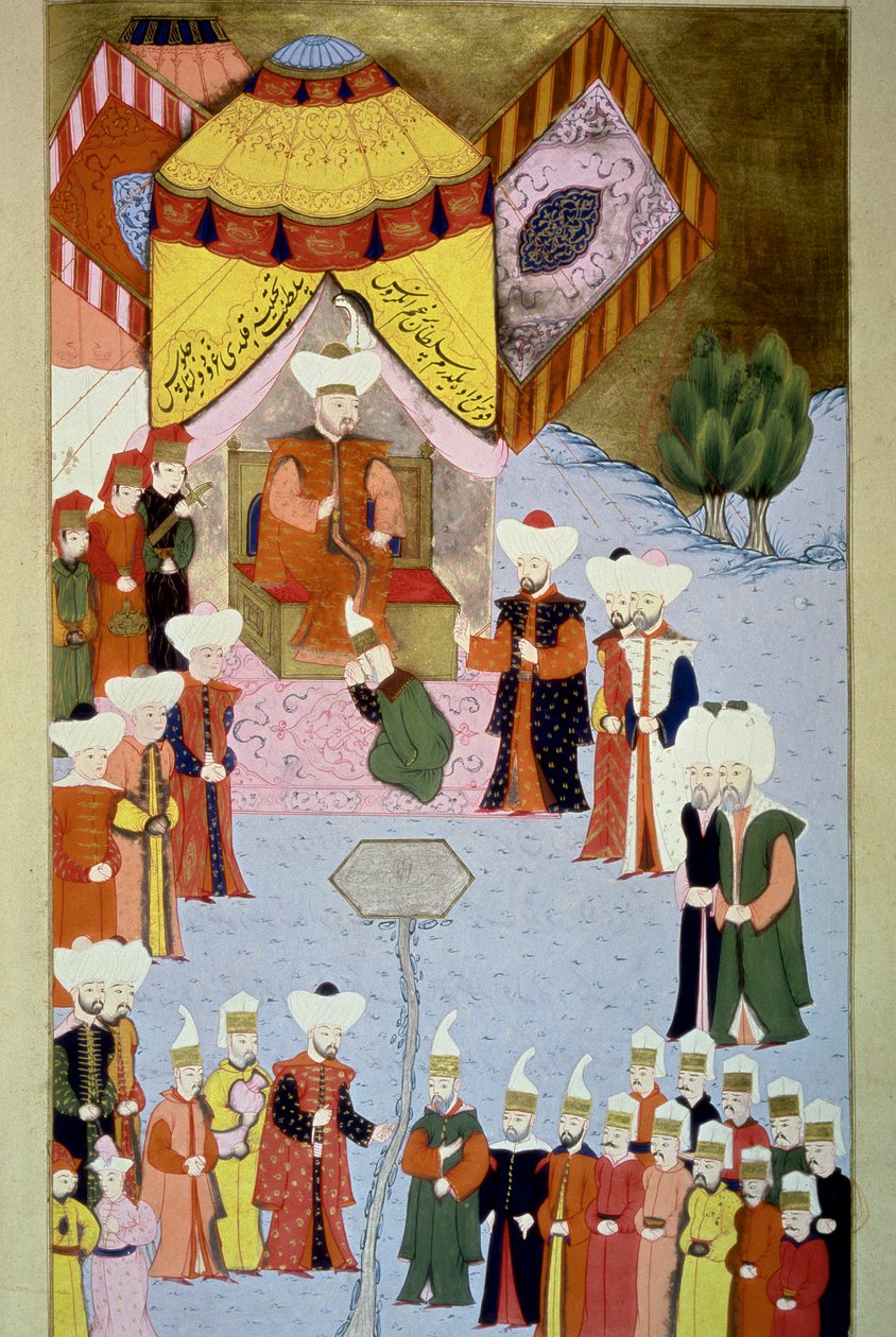 Sultán Bayezid I (1360-ca. 1402) en su corte. Miniatura del “Hunername” de Lokman, vol. 1 (H 1523, f.7) 1584. Biblioteca del Museo Topkapi Sarayi, Estambul de Ottoman School