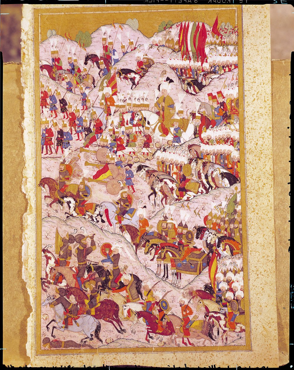 Manuscrito TSM H.1524 "Hunername": Suleyman el Magnífico (1494-1566) en la batalla de Mohacs en 1526, del "Libro de la Excelencia" de Lokman de Ottoman School