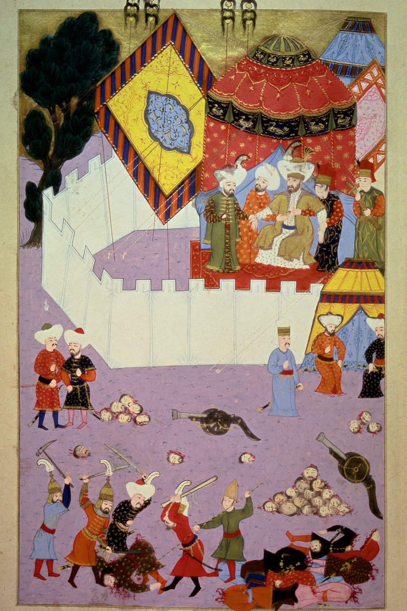 El asesinato del Sultán Murad I (1326-1389) por el caballero serbio Milos Obilic (Kobilic o Kobilovic) (muerto en 1389) en la Batalla de Kosovo tras la victoria de los otomanos sobre los serbios. Miniatura del “Hunername” de Lokman, vol. 1 (H 1523, f.7) 15 de Ottoman School