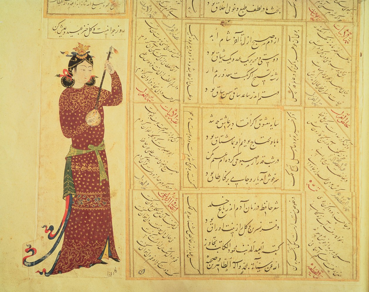 Mujer tocando el rebab y caligrafía de Ottoman School