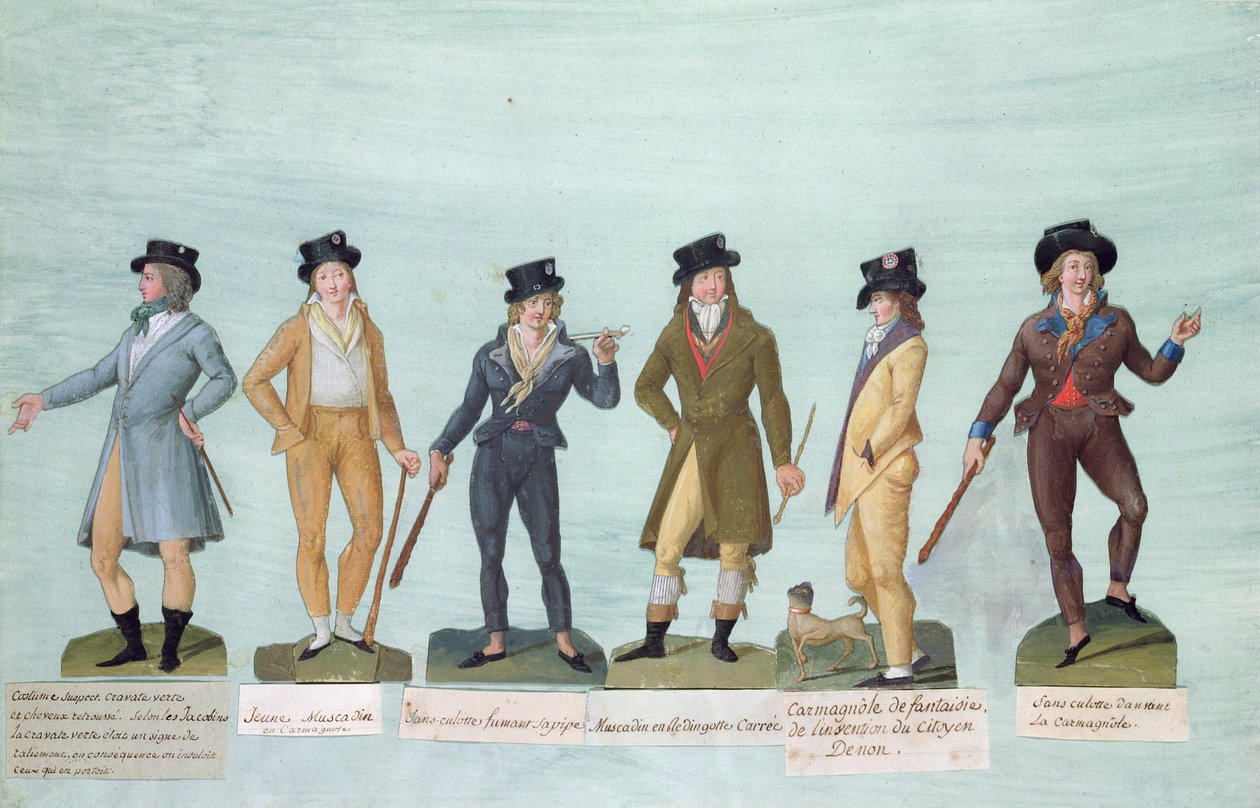 Fol.43 Traje de moda para hombres durante el período de la Revolución Francesa de P. A. and J.B. Lesueur