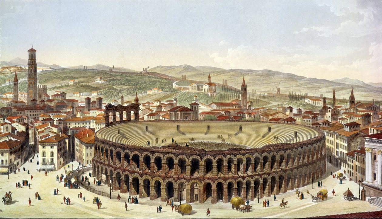 Vista del anfiteatro romano, Verona, grabado por L. Cherbuin (detalle) de P. Majocchi