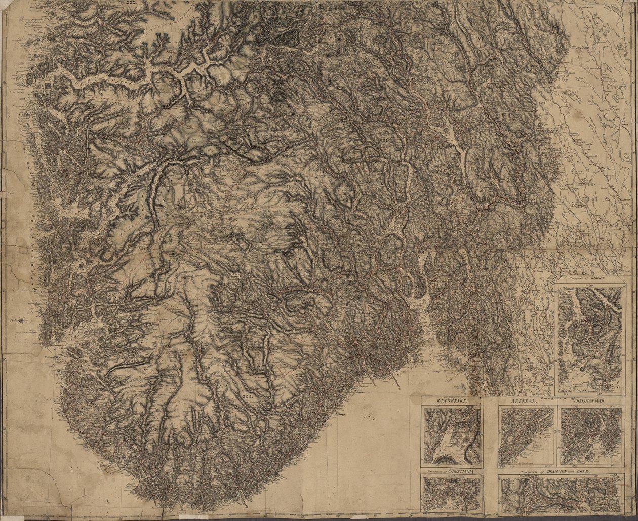 Mapa dibujado a mano del sur de Noruega de P.A. Munch