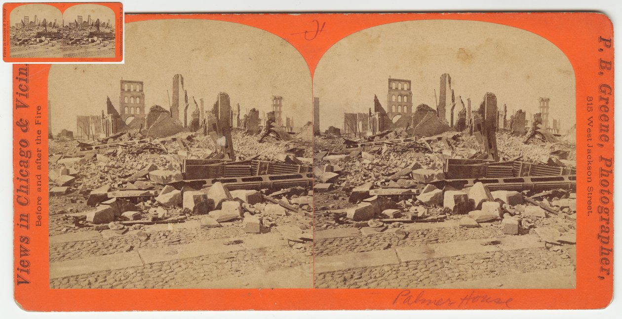 Estereografía del Palmer House después del incendio de Chicago de 1871, 1871 de P.B. Greene