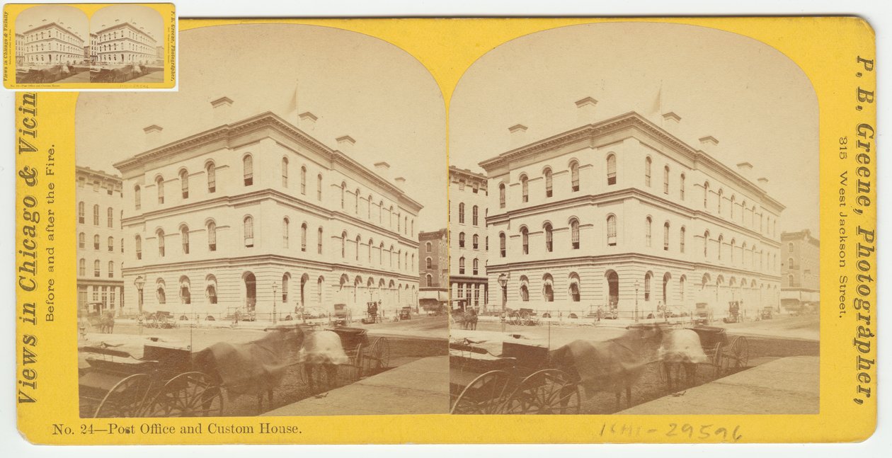 Estereografía de la Oficina de Correos y la Casa de Aduanas antes del incendio de Chicago de 1871, 1871 de P.B. Greene