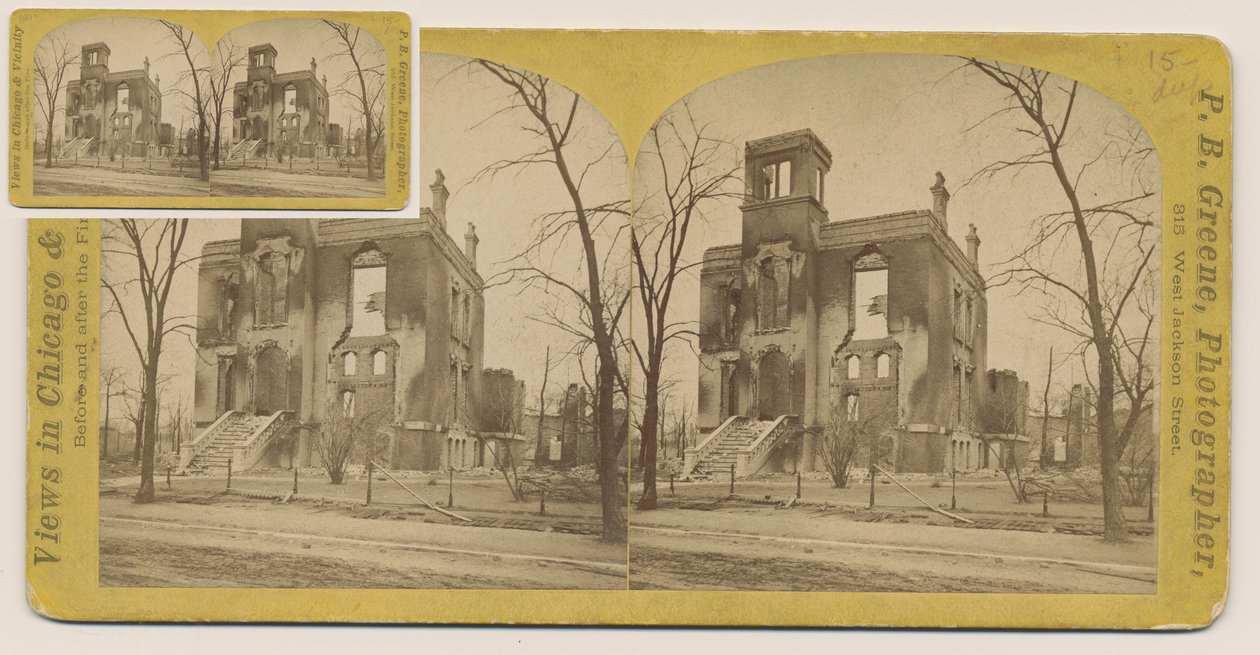 Estereografía del Rumsey House después del incendio de Chicago de 1871, 1871 de P.B. Greene