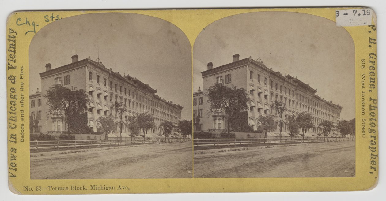 Vista estereográfica de Terrace Block en Michigan Avenue antes del incendio de Chicago de 1871 de P.B. Greene
