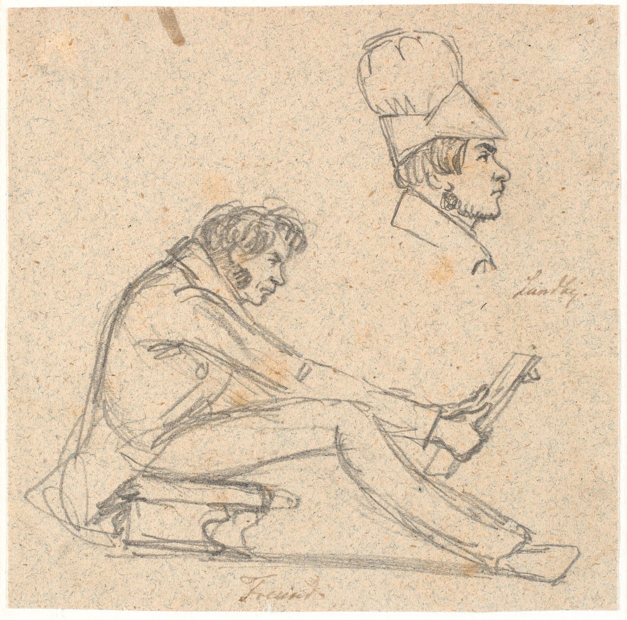 H.E. Freund sentado en un taburete observando un dibujo. Arriba a la derecha, retrato de perfil de J. Th. Lundbye. de P.C. Skovgaard