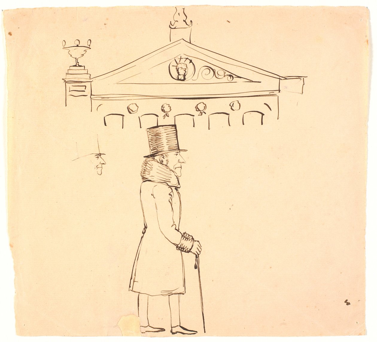 Caricatura de un caballero con pieles fuera del Casino de P.C. Skovgaard