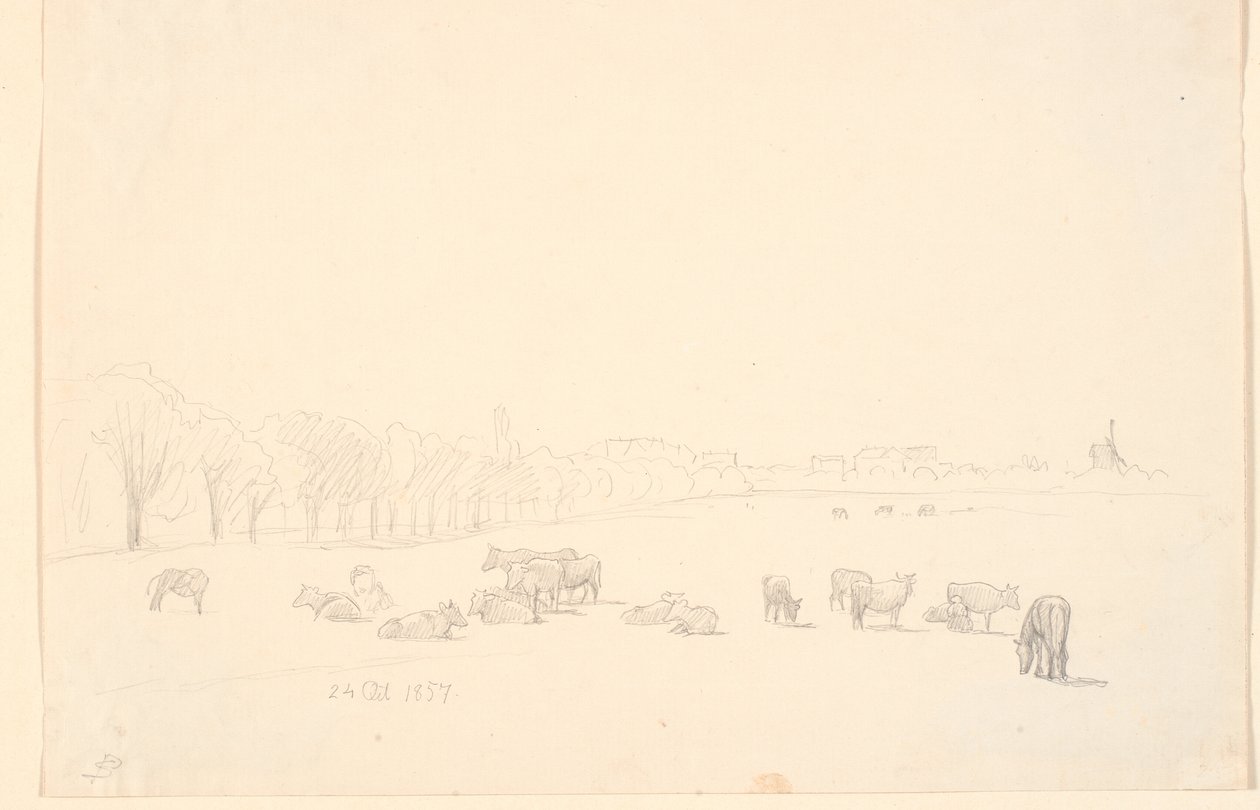 Vacas en el campo, con el molino de Tagens al fondo de P.C. Skovgaard