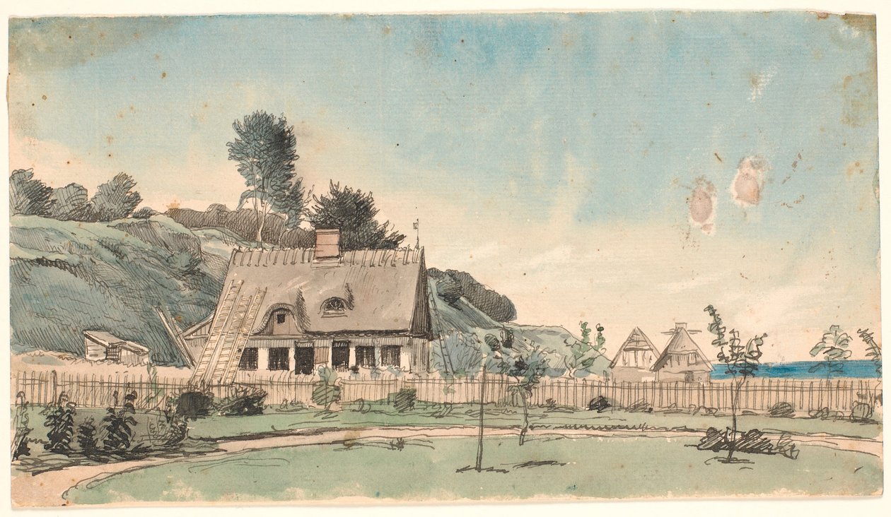 Paisaje costero con casas de techo de paja de P.C. Skovgaard