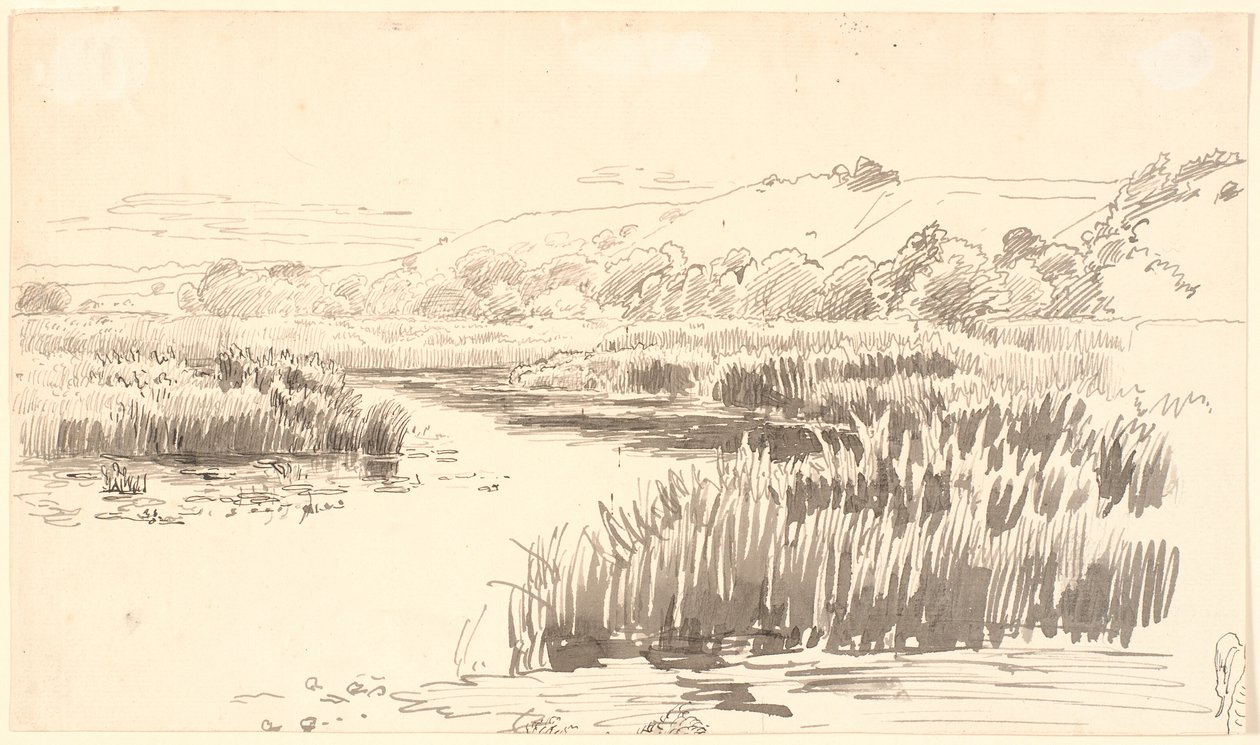 Paisaje con un arroyo a lo largo del cual crecen juncos altos. Colinas en el fondo. Probablemente Vejle de P.C. Skovgaard