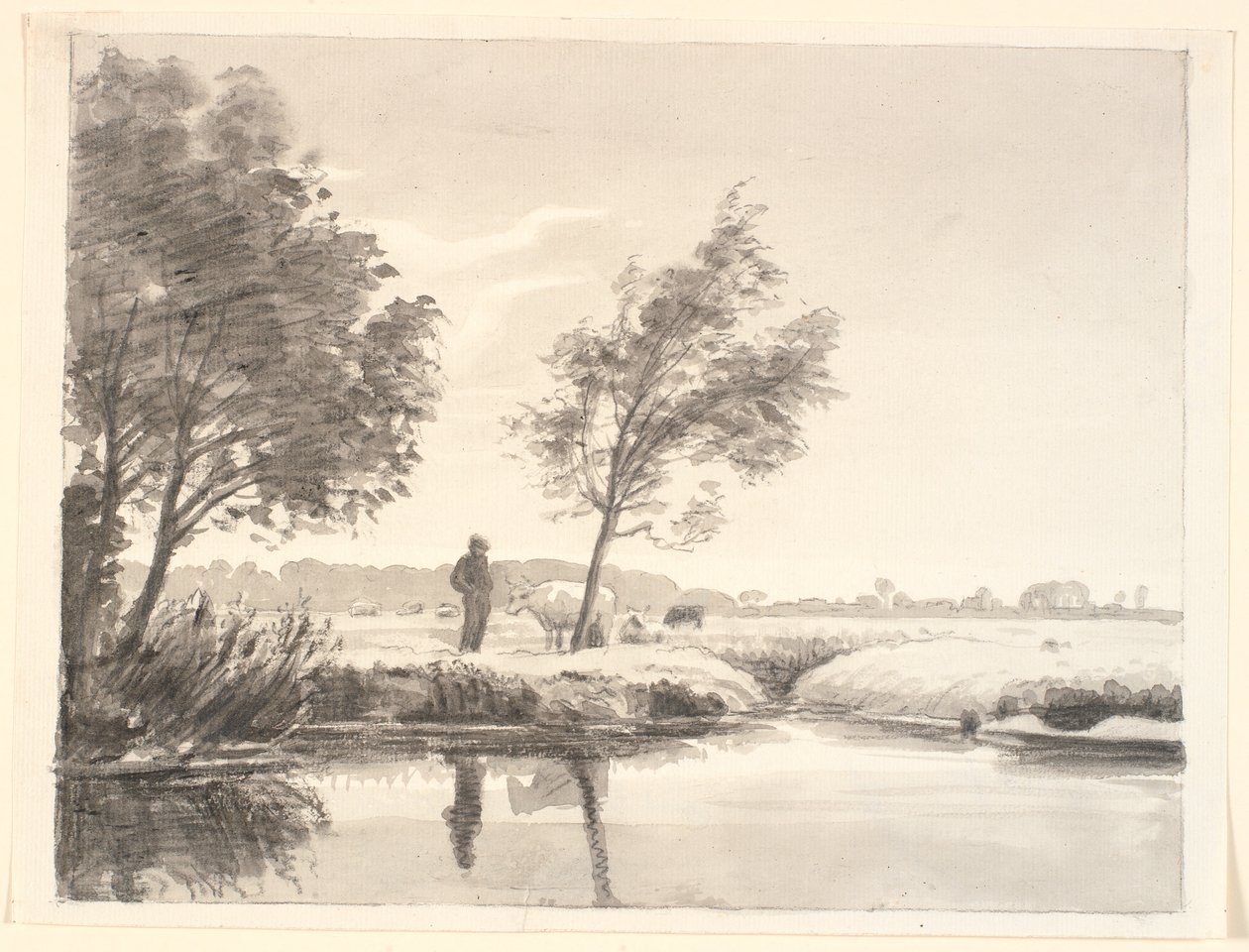 Paisaje con campos, árboles, vacas y un campesino reflejándose en el agua del primer plano de P.C. Skovgaard