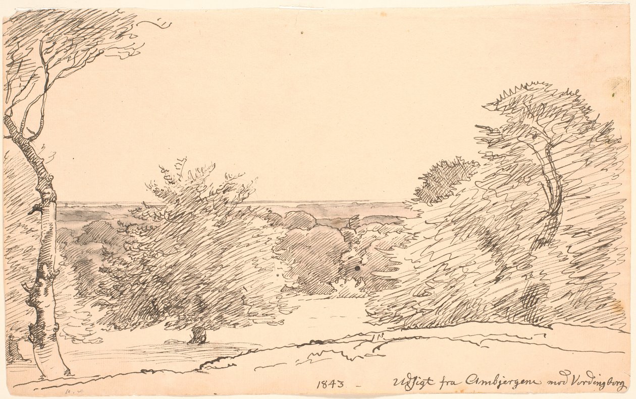 Paisaje con árboles y amplia vista desde Ambjergene hacia Vordingborg de P.C. Skovgaard