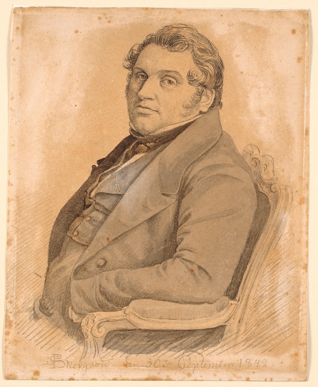 Retrato de un hombre corpulento sentado, medio cuerpo, tres cuartos de perfil hacia la izquierda de P.C. Skovgaard