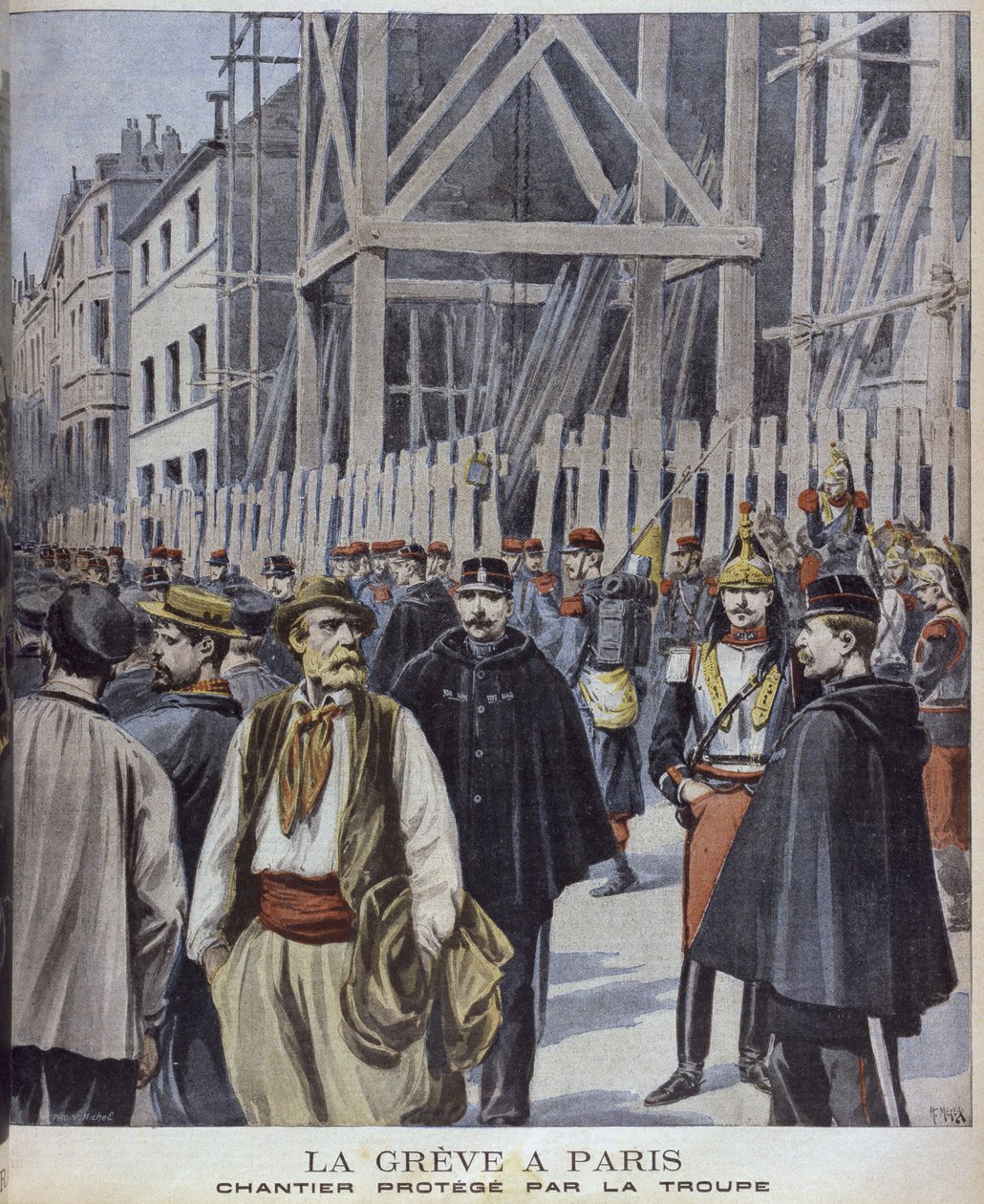Huelga en París, sitio de construcción protegido por el ejército, ilustración de 
