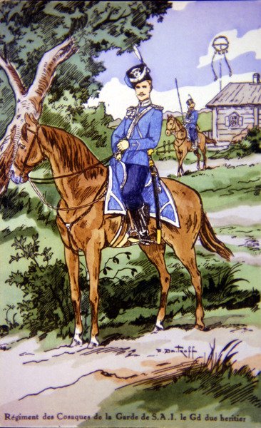 Postal que representa a un jinete del Regimiento de Cosacos de la Guardia de S.A.I de P. (after) Dmitroff