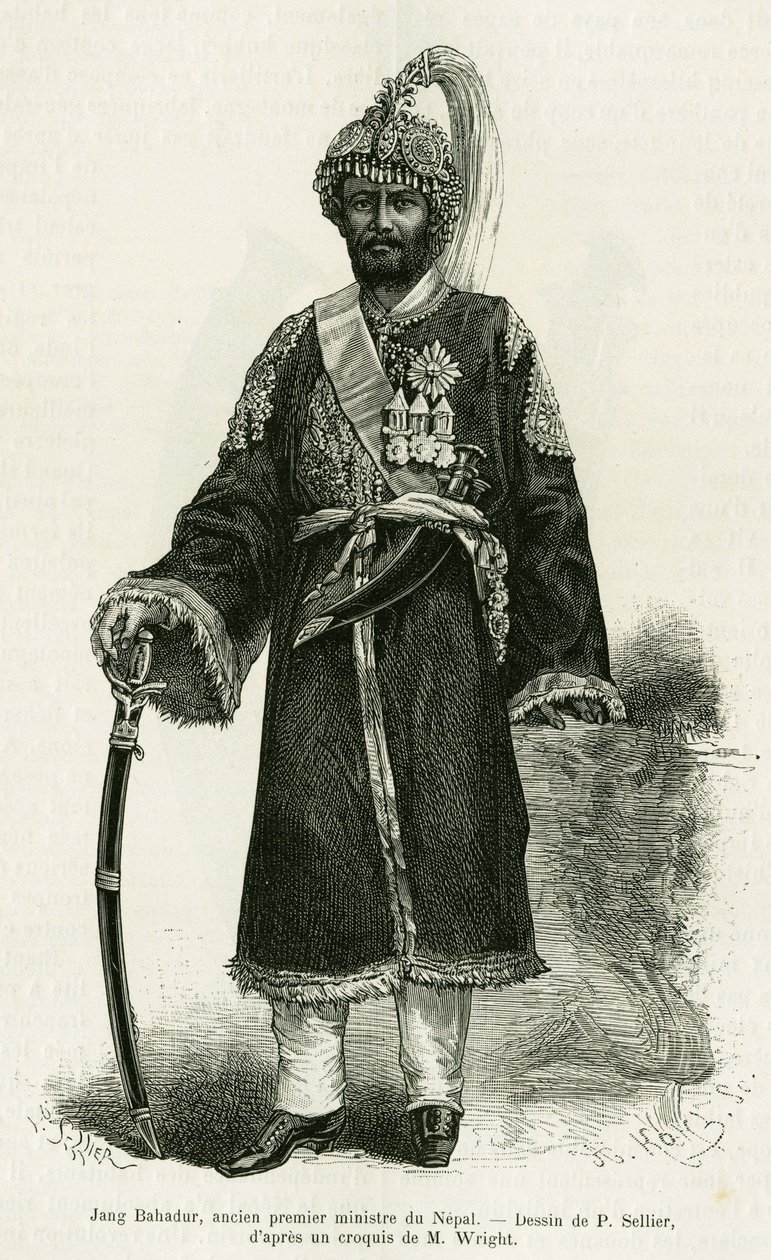 Jang Bahadur (1816-1877), Primer Ministro de Nepal. Grabado por P. Sellier para ilustrar la historia 