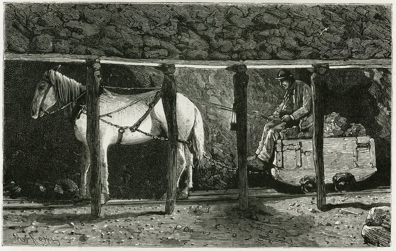 Interior de una galería con berlaine. Grabado por Ferat, para ilustrar la historia "Bélgica", por Camille Lemonnier (1844-1913) escritor belga. Publicado en Le Tour du monde, nouveau journal des voyages, 2º semestre 1884, editado por Edouard Charton de P. Ferat