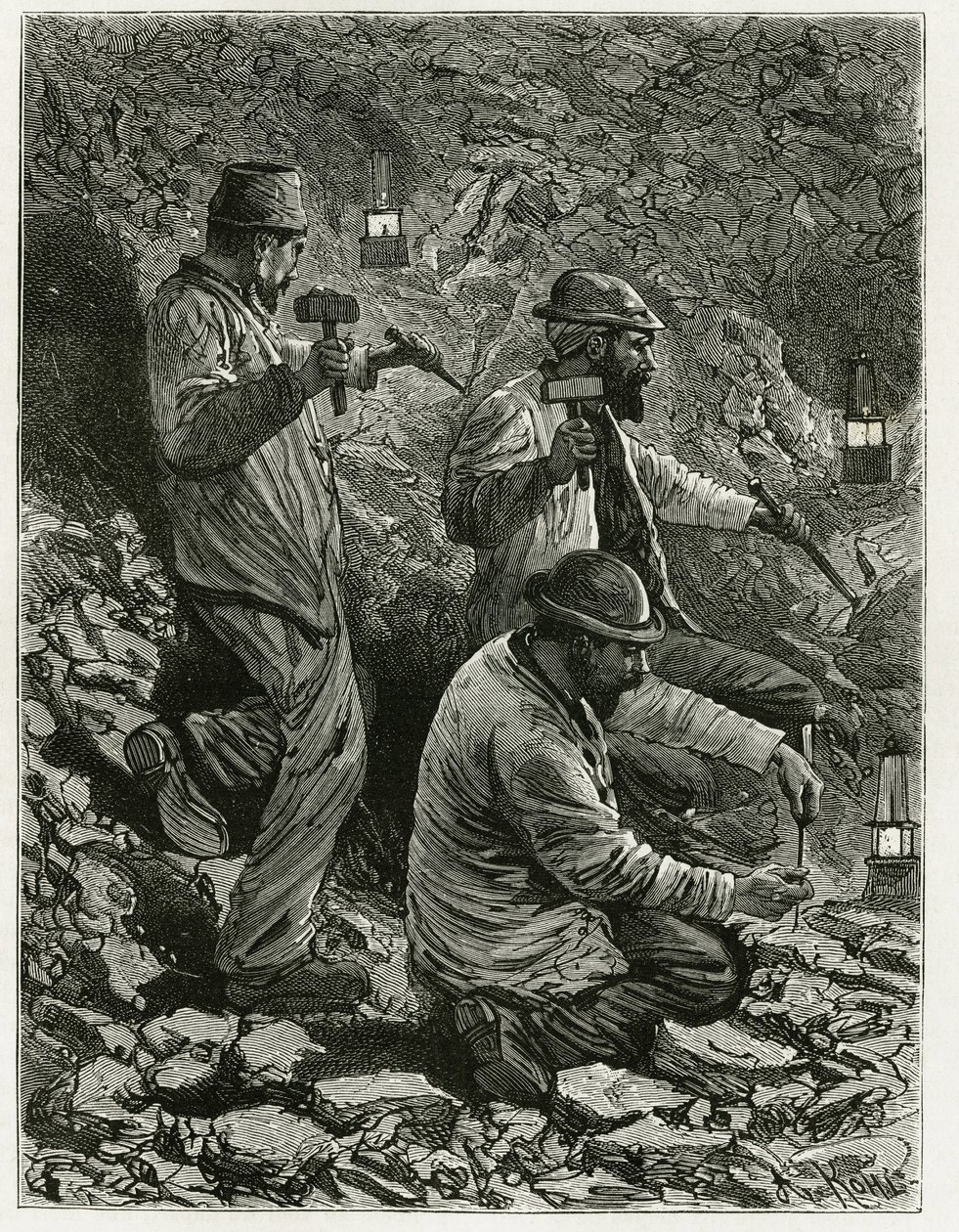 Mineros extrayendo carbón en la veta. Grabado por Ferat, para ilustrar la historia "Bélgica", por Camille Lemonnier (1844-1913) escritor belga. Publicado en Le Tour du monde, nuevo diario de viajes, 2º semestre 1884, editado por Edouard Charton (1807-1890) de P. Ferat