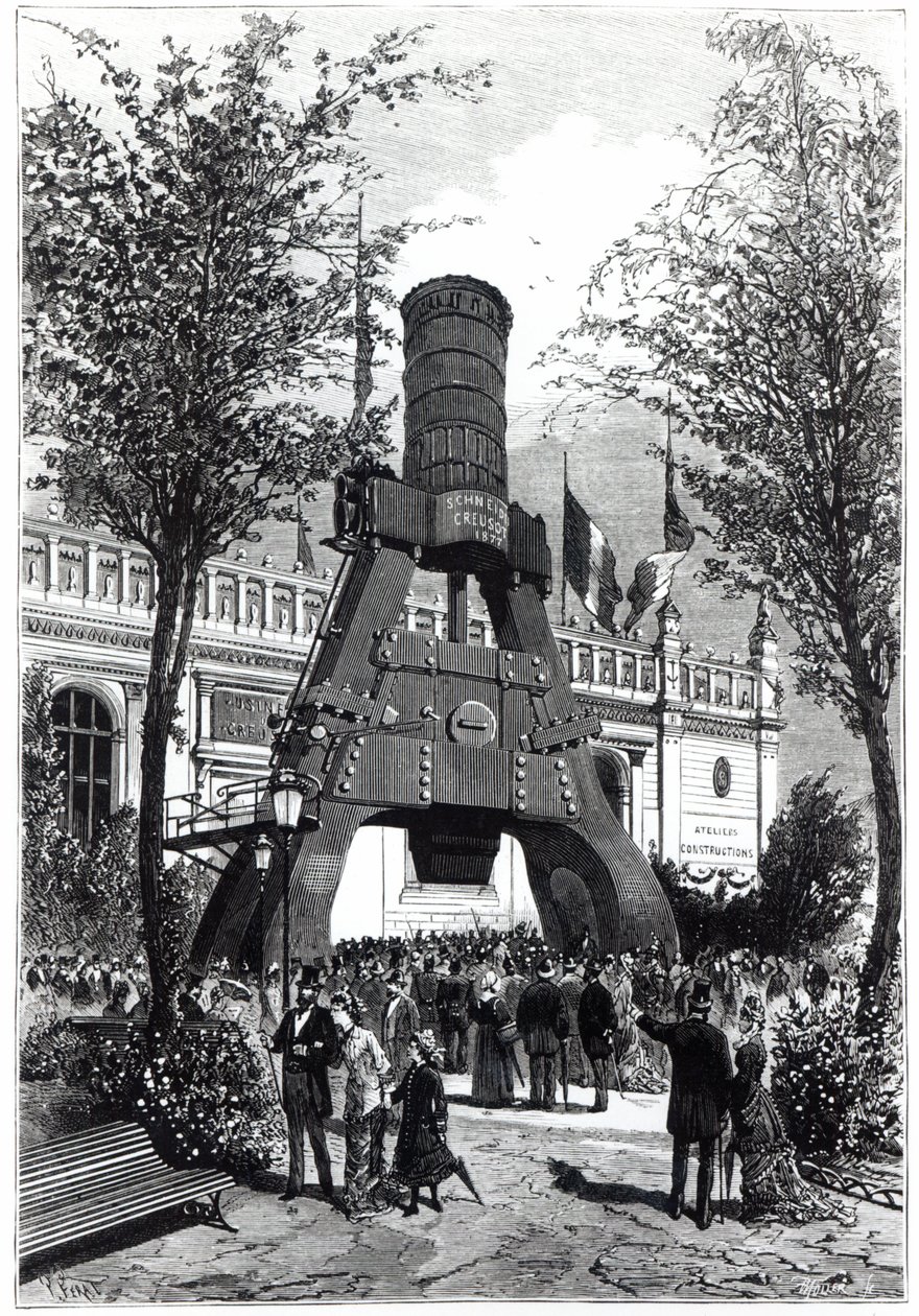 Exposición Universal en París en 1878: el martillo de poder de Le Creusot en Champs-de-Mars, 1878 de P. Ferat