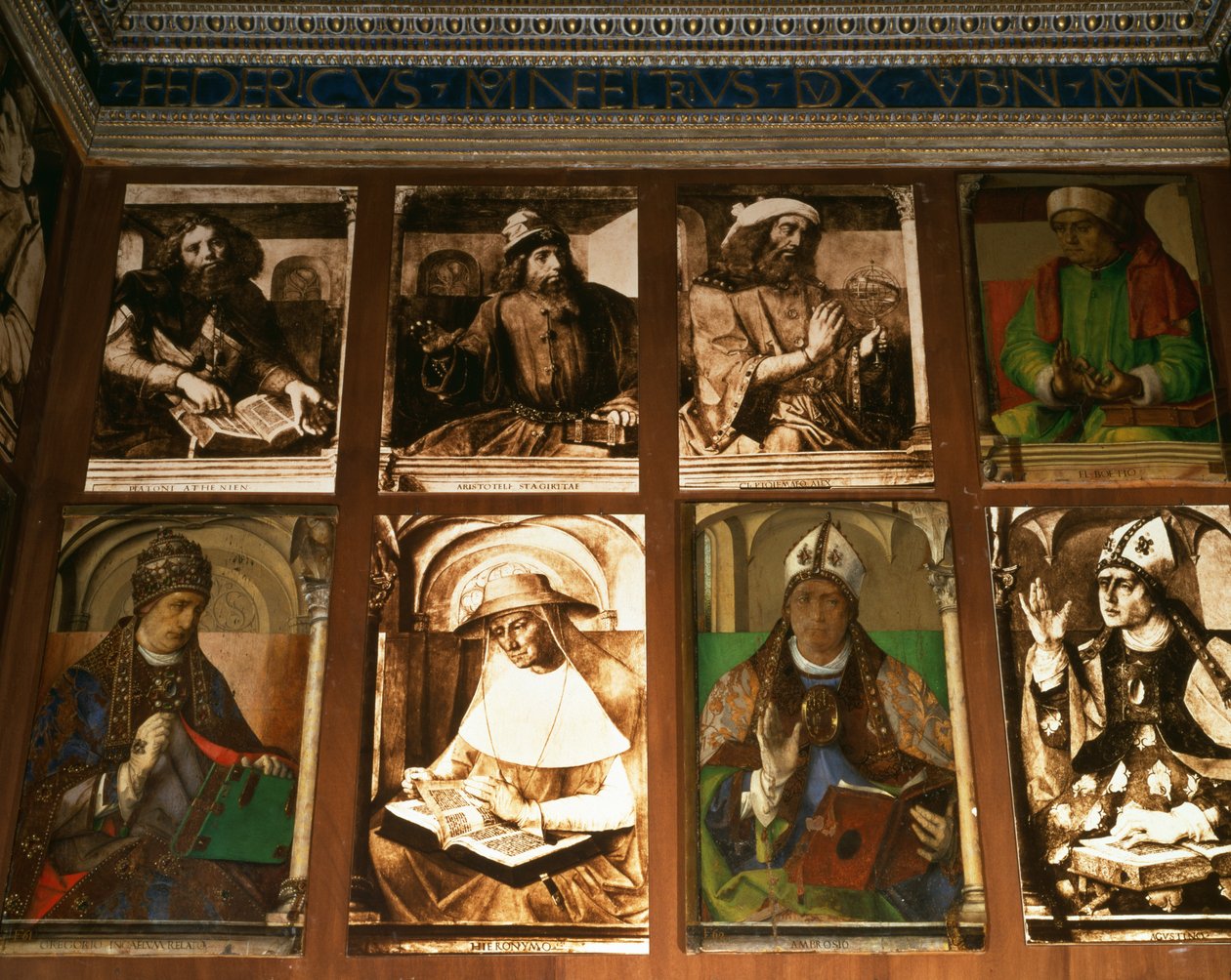 El estudio de Federigo da Montefeltro, Duque de Urbino, en el sentido de las agujas del reloj desde TL: filósofos griegos Platón (c.427-347 a.C.) y Aristóteles (384-322 a.C.); Ptolomeo, astrónomo (c.90-168); Boecio, filósofo (c.48 de P. Joos van Gent and Berruguete