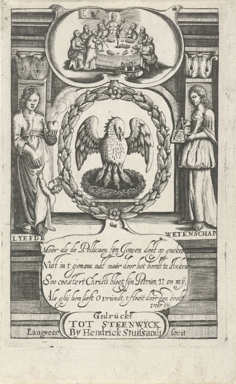 Pelícano alimentando a sus crías con su propia sangre Portada para: D. van Baardt, Tapiz del dominio espiritual y mundano, 1661 de P. Langweer