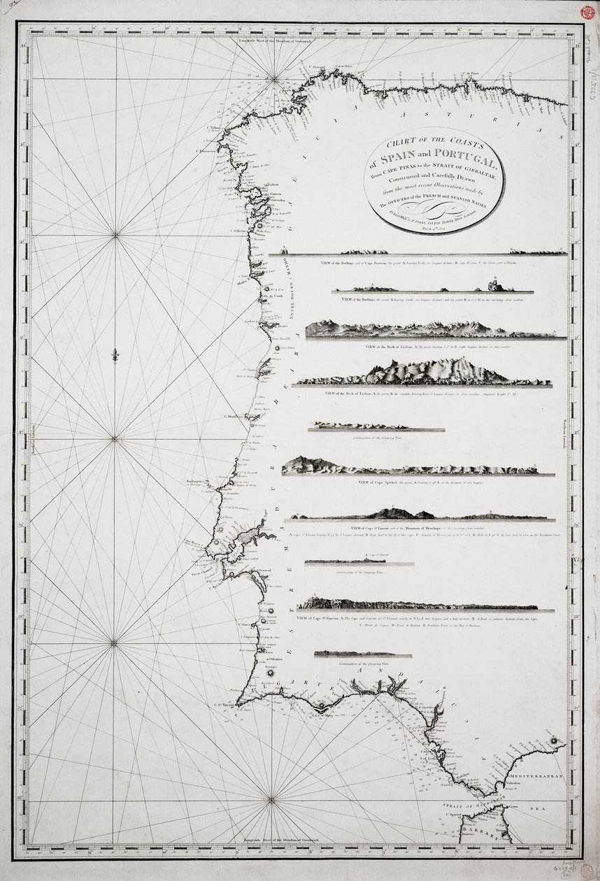 Carta de las costas de España y Portugal, desde el cabo de Pinas hasta el estrecho de Gibraltar, construida y dibujada cuidadosamente a partir de las observaciones más recientes hechas por los oficiales de las armadas francesa y española. de P. Steel