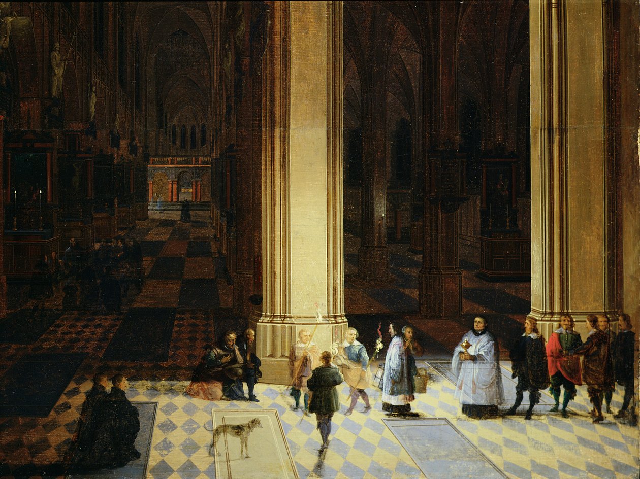 Interior de la catedral de Amberes de noche, mediados del siglo XVII (óleo sobre tabla) de P. the Elder & P. the Younger (1620-75) Neeffs