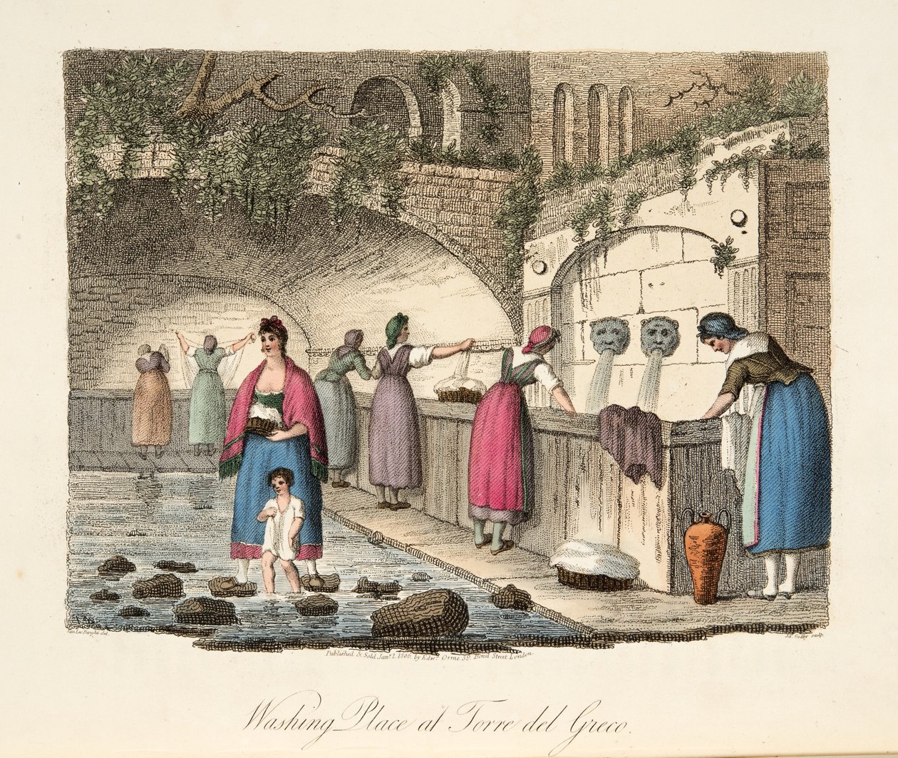 Lugar de lavado en Torre del Greco, de Italian Scenery, representando las costumbres, usos y diversiones de los diferentes estados de Italia, pub. 1806 de P. van (after) Lerberghi