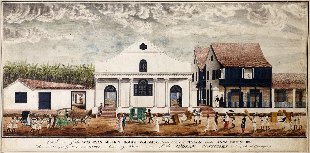 Vista sur de la Casa de la Misión Wesleyana, Colombo en la Isla de Ceilán, erigida Anno Domini 1816, c.1816 (acuarela) de P. van Houten
