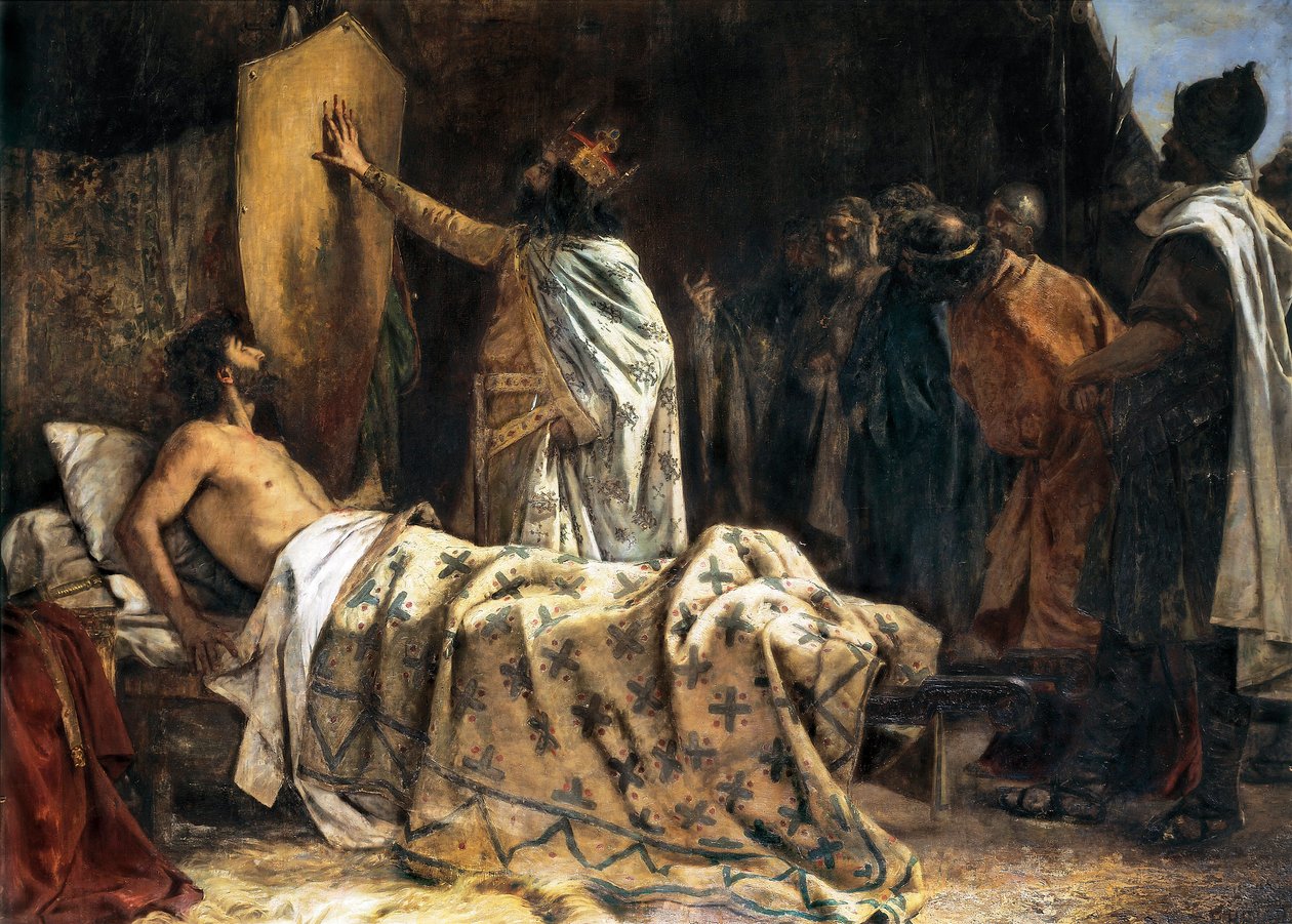 Muerte del Conde Wilfred el Velloso (840-897), finales del siglo XIX - principios del XX (óleo sobre lienzo) de Pablo Antonio Béjar Novella