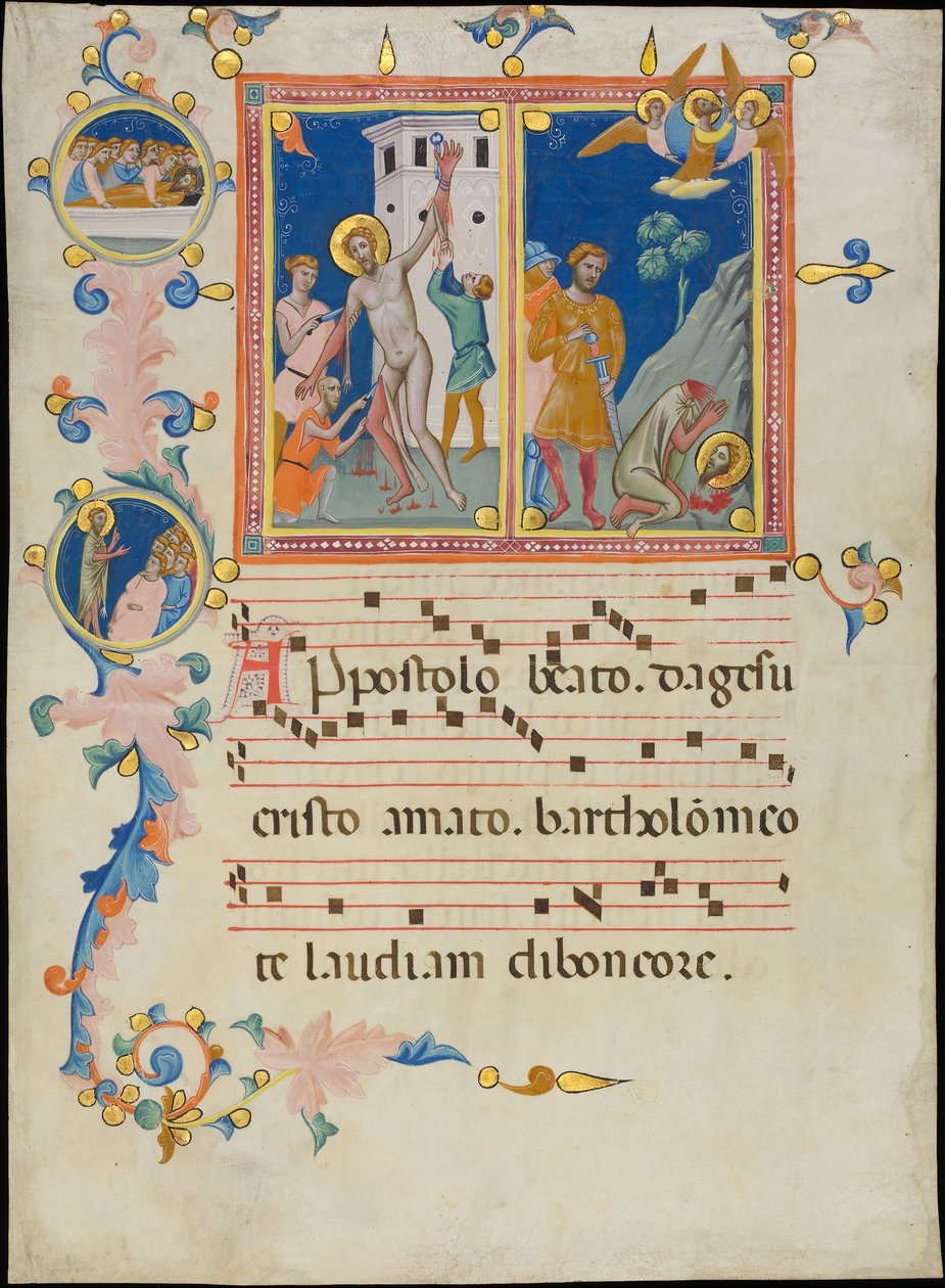 Hoja de manuscrito con el martirio de San Bartolomé, de un Laudario de Pacino di Bonaguida