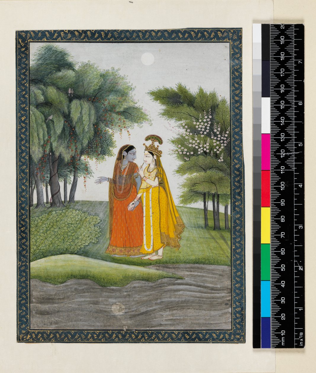 Krishna y Radha caminando junto al Jumna a la luz de la luna habiendo intercambiado ropa, del 