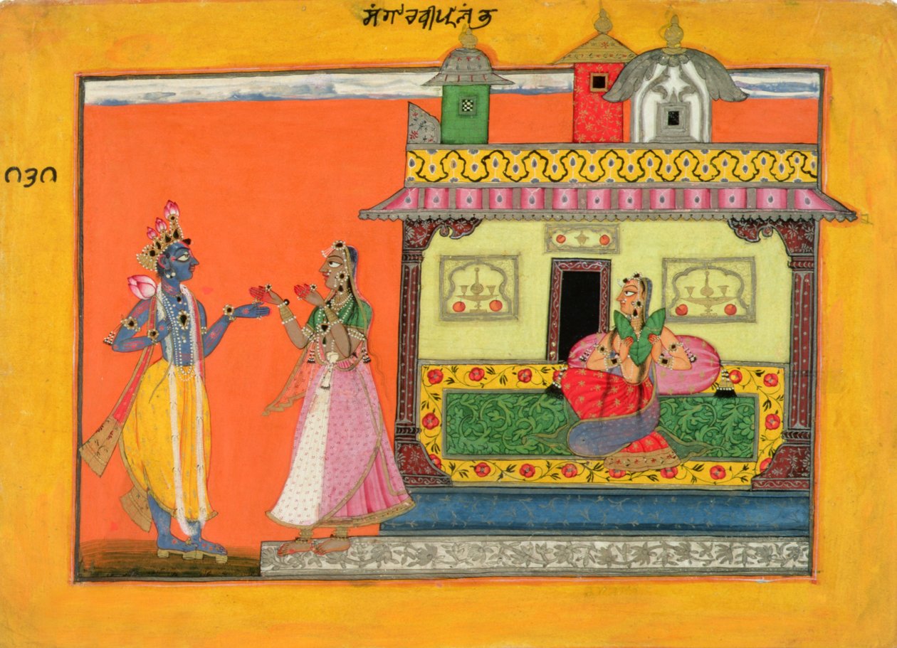 Krishna llegando a la casa de Radha, ilustración de un manuscrito del Rasamanjari de Bhanudatta, estilo Basholi, c.1660-70 de Pahari School