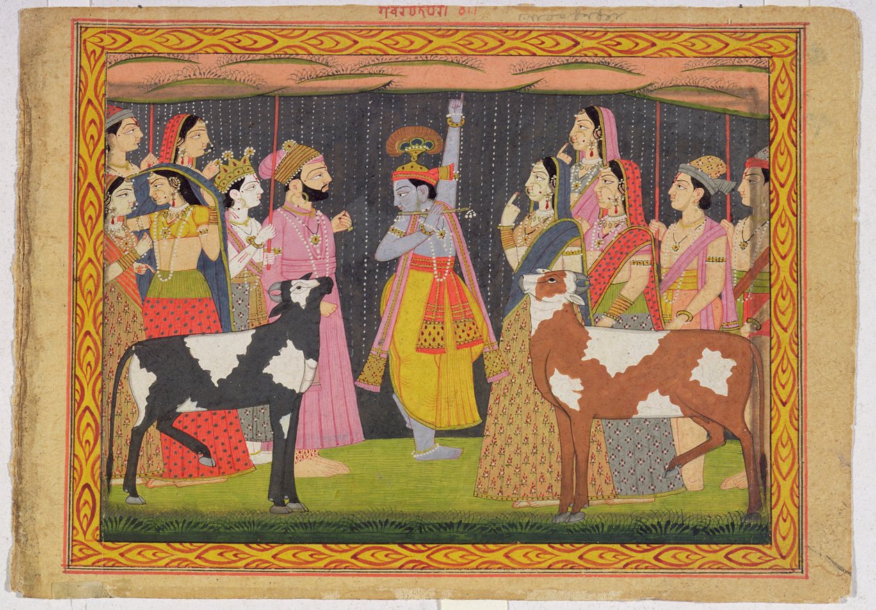 Krishna levantando el Monte Govardhana, del Bhagavata purana, Kulu, Himachal Pradesh, 1749 de Pahari School
